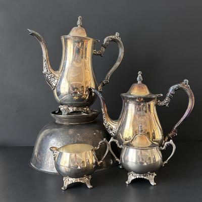 LOT 87: Onieda Tea/Coffee Pots, Sugar & Creamer along with an Unmarked Silver Tone Bowl