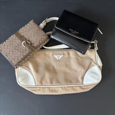 LOT 91: Prada Beige Nylon Shoulder Bag, Kate Spade Square Black Wallet and Coach Signature Wallet