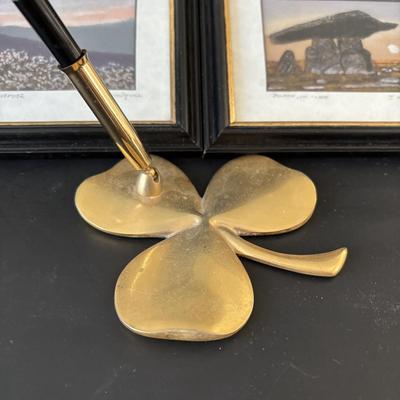 LOT 95: Set of 4 Pastel Drawings by J. Woodfull of Sites of Ireland (6"x4"), 24k Electro Plated 1986 Gerity Products Clover Pen...