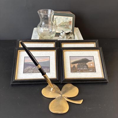 LOT 95: Set of 4 Pastel Drawings by J. Woodfull of Sites of Ireland (6"x4"), 24k Electro Plated 1986 Gerity Products Clover Pen...