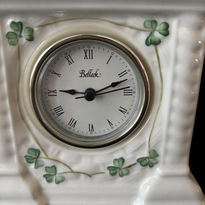 LOT 97: Belleek Mantel/Deck Clock & Shannon Crystal Clock