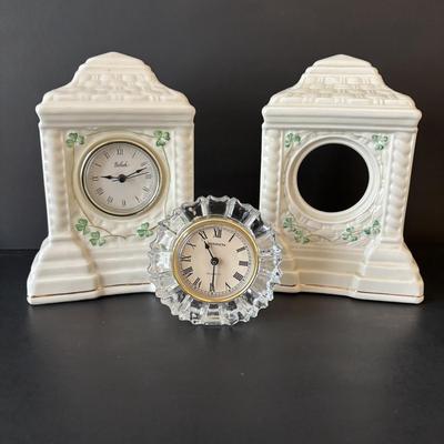 LOT 97: Belleek Mantel/Deck Clock & Shannon Crystal Clock