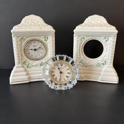 LOT 97: Belleek Mantel/Deck Clock & Shannon Crystal Clock