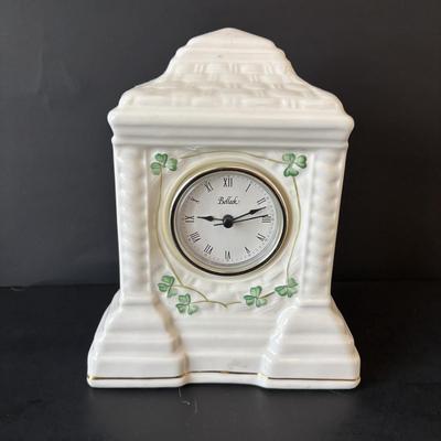 LOT 97: Belleek Mantel/Deck Clock & Shannon Crystal Clock