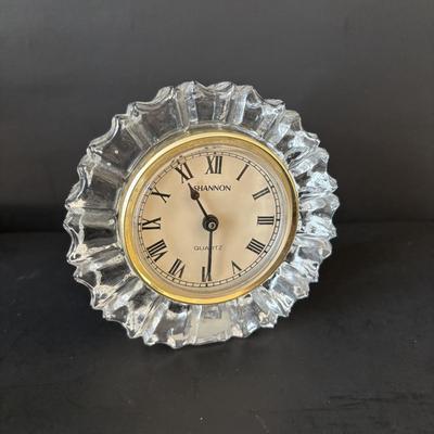LOT 97: Belleek Mantel/Deck Clock & Shannon Crystal Clock