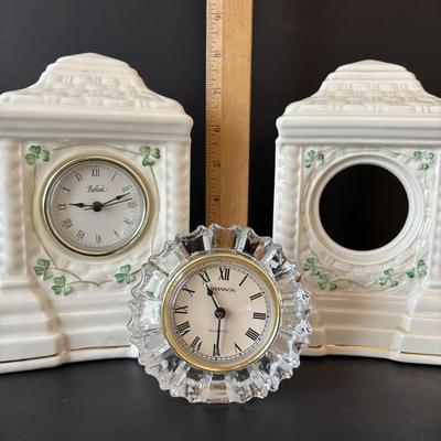 LOT 97: Belleek Mantel/Deck Clock & Shannon Crystal Clock