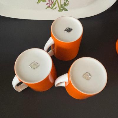 LOT 100: MCM Teapot (missing top), Teacups, Made in USA Green Rim Plates, Saltera Winter Dogwood Plate & More