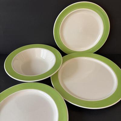 LOT 100: MCM Teapot (missing top), Teacups, Made in USA Green Rim Plates, Saltera Winter Dogwood Plate & More