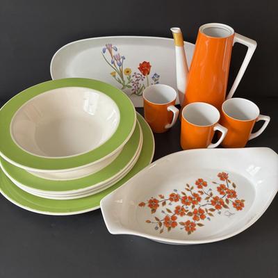 LOT 100: MCM Teapot (missing top), Teacups, Made in USA Green Rim Plates, Saltera Winter Dogwood Plate & More