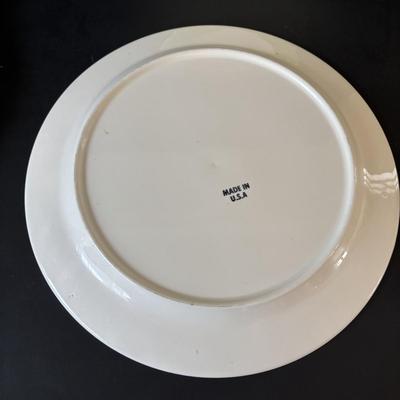 LOT 100: MCM Teapot (missing top), Teacups, Made in USA Green Rim Plates, Saltera Winter Dogwood Plate & More