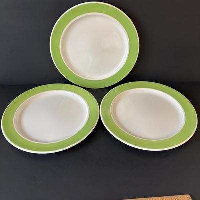 LOT 100: MCM Teapot (missing top), Teacups, Made in USA Green Rim Plates, Saltera Winter Dogwood Plate & More