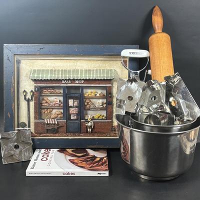 LOT 102: Bakery Diorama Wall Decor, Stainless Steel Bowls, Wooden Rolling Pin, Cookie Cutters & More