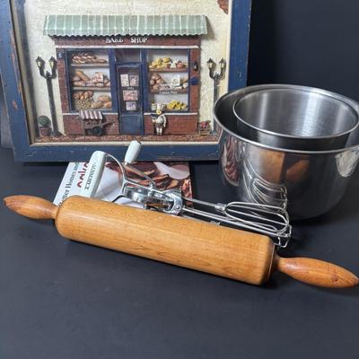 LOT 102: Bakery Diorama Wall Decor, Stainless Steel Bowls, Wooden Rolling Pin, Cookie Cutters & More