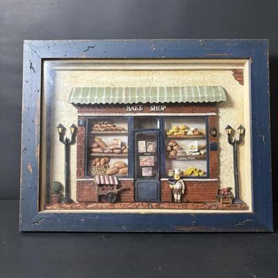 LOT 102: Bakery Diorama Wall Decor, Stainless Steel Bowls, Wooden Rolling Pin, Cookie Cutters & More