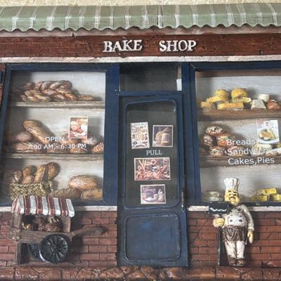 LOT 102: Bakery Diorama Wall Decor, Stainless Steel Bowls, Wooden Rolling Pin, Cookie Cutters & More