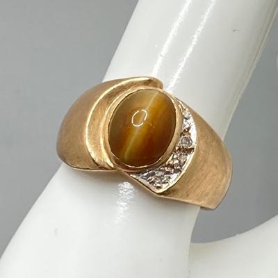 LOT 116: Gold Tiger's Eye and Diamond Band - 14KT, TW 7.42 gtw, Sz 8.5