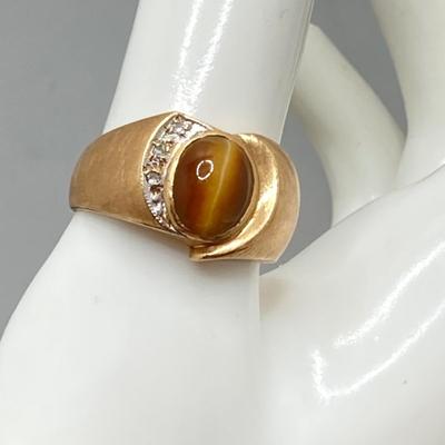 LOT 116: Gold Tiger's Eye and Diamond Band - 14KT, TW 7.42 gtw, Sz 8.5
