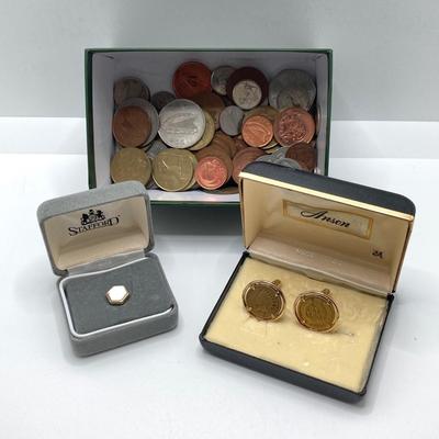 LOT 120: Anson Vintage Coin Cuff Links, Mother of Pearl Tie Tac and Foreign Coin / Token Collection