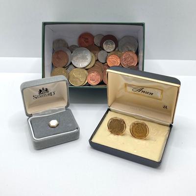 LOT 120: Anson Vintage Coin Cuff Links, Mother of Pearl Tie Tac and Foreign Coin / Token Collection