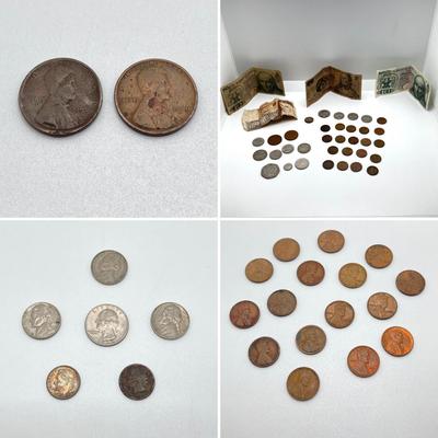 LOT 121: Vintage Coin / Currency Collection - Pair of 1909 One Cent / Pennies (VDB Included), Wheat Pennies and More