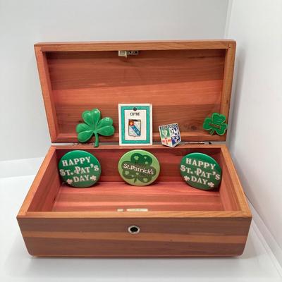 LOT 125: Vintage Wooden Box with Irish Themed Jewelry, Pins, Souvenirs, Memorabilia and More