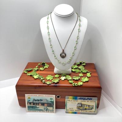 LOT 125: Vintage Wooden Box with Irish Themed Jewelry, Pins, Souvenirs, Memorabilia and More