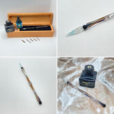 LOT 126: Stunning Glass Ink Dip Pen, Pelikan 4001 Ink, Bombay Ink, Nibs in Wood Storage Box
