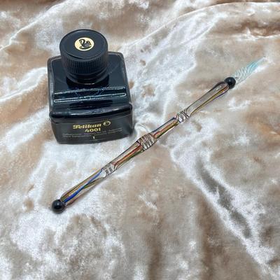 LOT 126: Stunning Glass Ink Dip Pen, Pelikan 4001 Ink, Bombay Ink, Nibs in Wood Storage Box