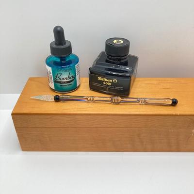 LOT 126: Stunning Glass Ink Dip Pen, Pelikan 4001 Ink, Bombay Ink, Nibs in Wood Storage Box
