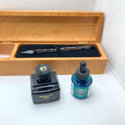 LOT 126: Stunning Glass Ink Dip Pen, Pelikan 4001 Ink, Bombay Ink, Nibs in Wood Storage Box