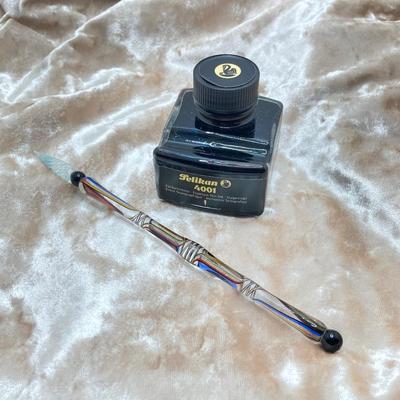 LOT 126: Stunning Glass Ink Dip Pen, Pelikan 4001 Ink, Bombay Ink, Nibs in Wood Storage Box