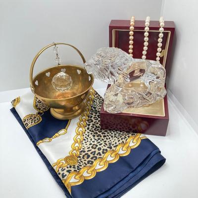 LOT 127: Wonders of the Wild Germany Crystal Lion, Hanging Prism Ball, Brass Trinket Bowl, Scarf, Picture Holder Jewelry Box and Pearls
