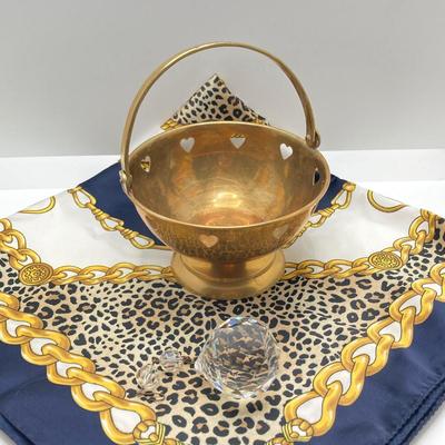 LOT 127: Wonders of the Wild Germany Crystal Lion, Hanging Prism Ball, Brass Trinket Bowl, Scarf, Picture Holder Jewelry Box and Pearls