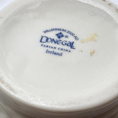 LOT 128: Donegal Ireland Parian China (Millennium 2000 Ad) Claddagh Teapot with Cream and Sugar Bowls