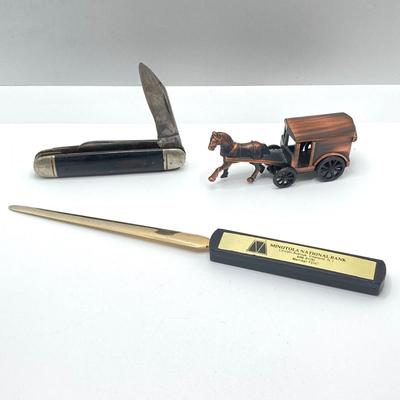 LOT 131: Vintage Collection - Dog Brass Book Ends, Pipe Holder, Playboy Ashtray and Necklace, Robeson Pocket Knife, Sheffield Crumb Tray...