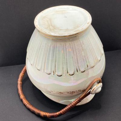 LOT 133: Beautiful Iridescent Crazed Biscuit Barrel Jar with Lid with Pair of Glass Candlestick Holders