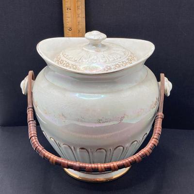 LOT 133: Beautiful Iridescent Crazed Biscuit Barrel Jar with Lid with Pair of Glass Candlestick Holders