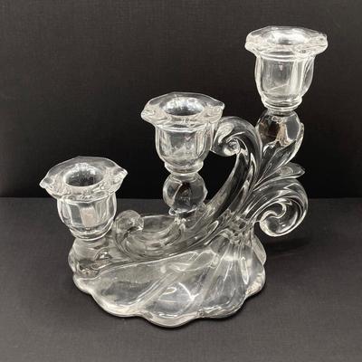LOT 133: Beautiful Iridescent Crazed Biscuit Barrel Jar with Lid with Pair of Glass Candlestick Holders