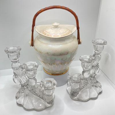 LOT 133: Beautiful Iridescent Crazed Biscuit Barrel Jar with Lid with Pair of Glass Candlestick Holders