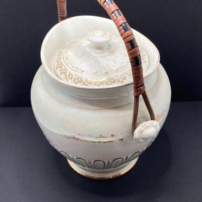 LOT 133: Beautiful Iridescent Crazed Biscuit Barrel Jar with Lid with Pair of Glass Candlestick Holders