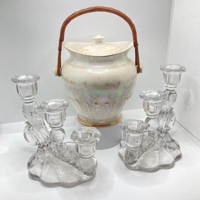 LOT 133: Beautiful Iridescent Crazed Biscuit Barrel Jar with Lid with Pair of Glass Candlestick Holders