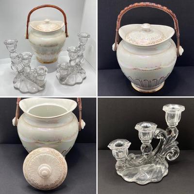 LOT 133: Beautiful Iridescent Crazed Biscuit Barrel Jar with Lid with Pair of Glass Candlestick Holders