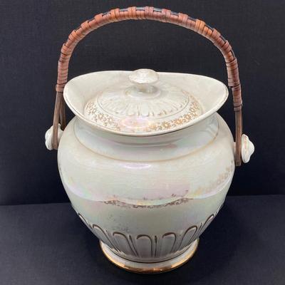 LOT 133: Beautiful Iridescent Crazed Biscuit Barrel Jar with Lid with Pair of Glass Candlestick Holders