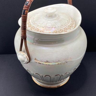 LOT 133: Beautiful Iridescent Crazed Biscuit Barrel Jar with Lid with Pair of Glass Candlestick Holders