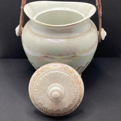 LOT 133: Beautiful Iridescent Crazed Biscuit Barrel Jar with Lid with Pair of Glass Candlestick Holders
