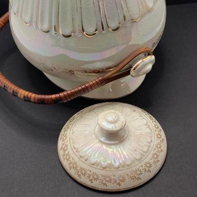 LOT 133: Beautiful Iridescent Crazed Biscuit Barrel Jar with Lid with Pair of Glass Candlestick Holders