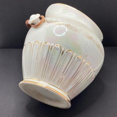 LOT 133: Beautiful Iridescent Crazed Biscuit Barrel Jar with Lid with Pair of Glass Candlestick Holders