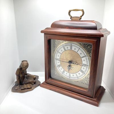 LOT 135: Hamilton Greenfield Manor Mantle Clock and Signed and Numbered 8 of 100 Bronze Statue of Girl Reading by Artist Nancy