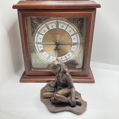 LOT 135: Hamilton Greenfield Manor Mantle Clock and Signed and Numbered 8 of 100 Bronze Statue of Girl Reading by Artist Nancy
