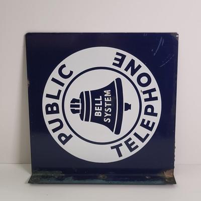 LOT 136: Vintage Blue Enamel Metal Bell System Public Telephone Wall Sign
